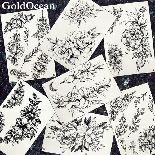 3D Pencil Sketch Tattoos Temporary Women Arm Chest Lotus Art Black Fake Tatoos Bracelet Flower Leaf Girl Waist Tattoo Makeup Tip