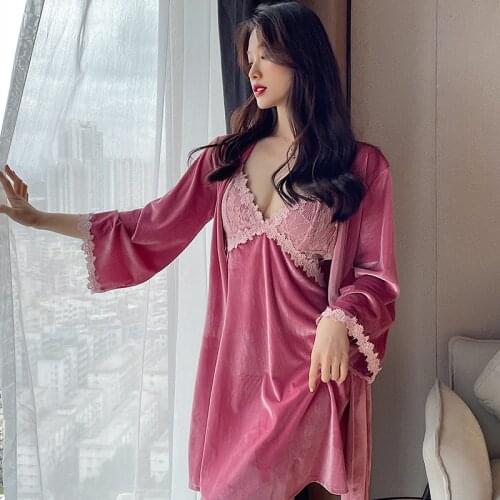 Velvet Robe & Gown Set Backless Elegant Sleepwear Winter Sleepshirts Bridesmaid Robes Nightgowns Sexy Women Towel Robe Sets
