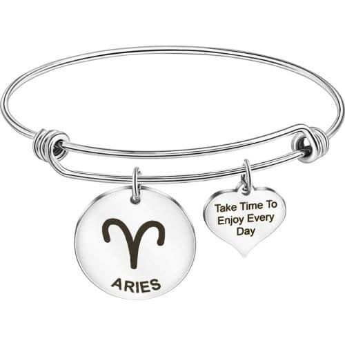 100% Stainless Steel Bracelet & Bangle 1.5mm Thick Twelve Zodiac Charm Cuff Expandable Wire Cable Bangle Jewelry