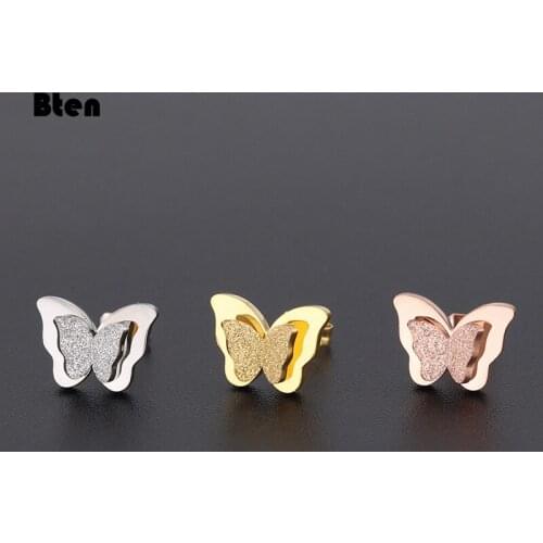 Bten 2021 New Butterfly Earrings Rose Gold Color Stainless Steel Stud Earrings for Women Child Frosted Butterfly Ear Studs