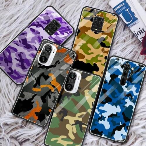 Tempered Glass Case For Xiaomi Redmi Note 9S 9 10 8 Pro 8T 7 9A 9C 8A K40 Luxury Shockproof Phone Cover Camouflage Pattern Army