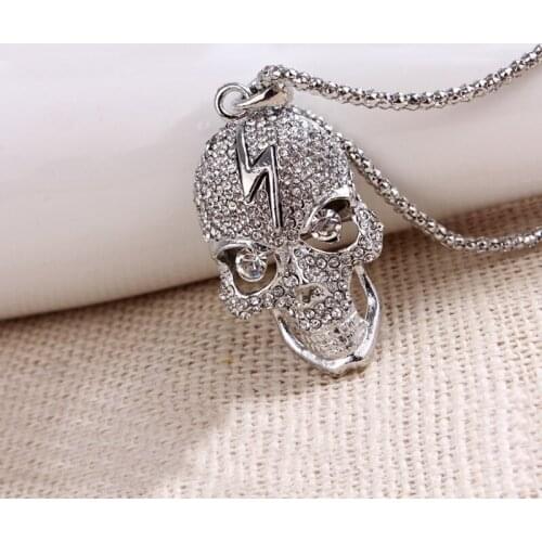 Silver color skull long necklaces & pendants steampunk crystal jewelry vintage skeleton statement necklace women colier kolye