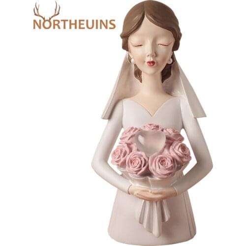 NORTHEUINS Resin LED Flower Bouquet Bride Beauty Figurines For Interior Girl Statue Home Living Room Wedding Decor Accessories