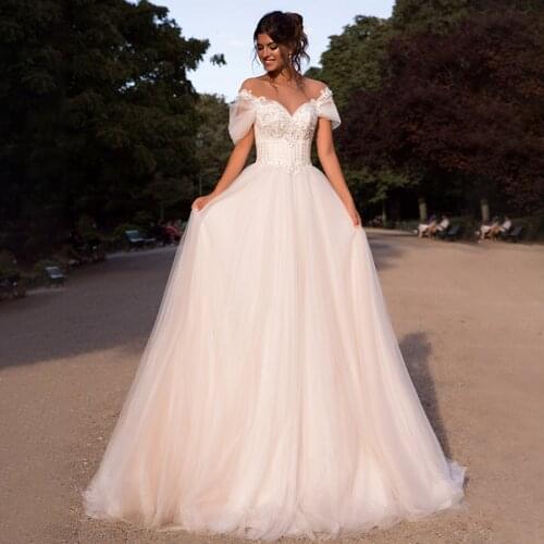 Off the shoulder Crystals Elegant Tulle Wedding Dress Destination Outdoor Lace Up Back Bridal Dresses