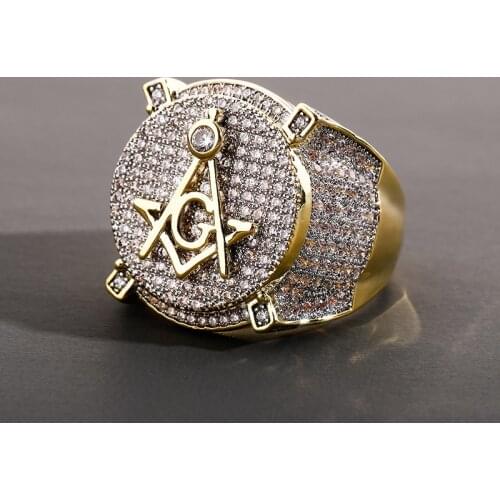 New Trendy AG Freemason Ring Mens Ring Bohemian Crystal Inlaid Ring Austrian Rhinestone Metal Ring Accessory Party Jewelry