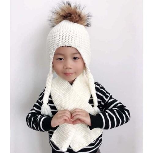 2 pieces set baby Winter hat scarf set real fur pompom hat for kids children crochet wool beanie boy girl earflap cap skullies