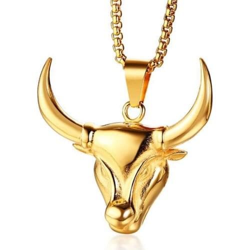 Stainless Steel Fashion Men Punk Rock Gold Ox Head Pendant Necklace Fashion Cattle Horn Jewelry Gift For Him