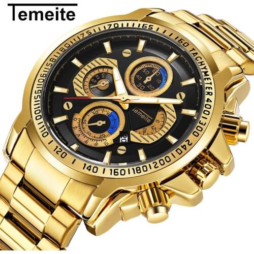TEMEITE Golden Men Watch Calendar Stainless Steel Quartz Wristwatch Mens Luminous Big Watches Top Brand Luxury Clock for Male