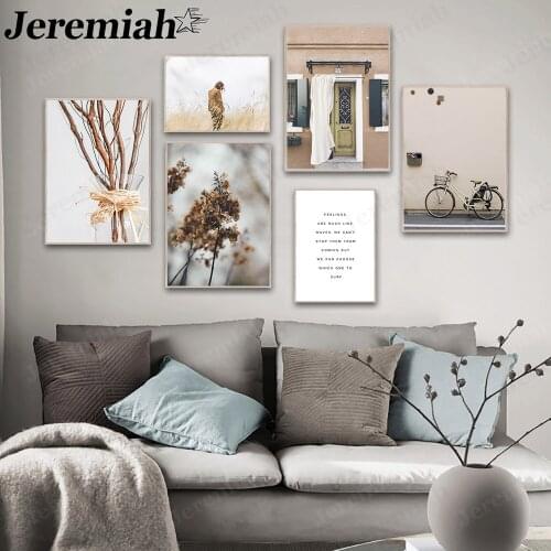 Nordic Landscape Canvas Poster Man Back View Door Bicycle Dried Flower Painting Wall Art Modern Home Room Decoration