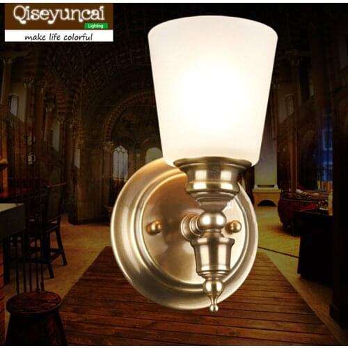 Qiseyuncai 2018 new European style copper wall aisle mirror front bedroom bedside soldering copper lamps