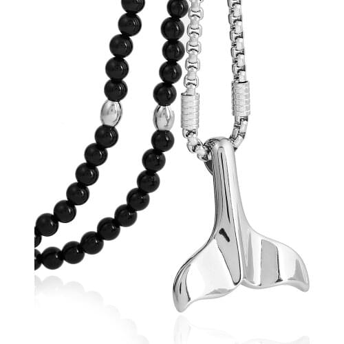 Punk Necklace Stainless Steel Pentagram Star Arrow Pendant Necklace with Black Natural Stone Bead Necklace 26"