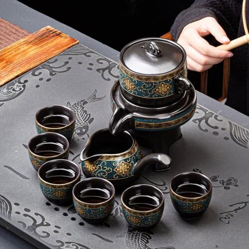Ceramic Stone Grinding Semi-automatic Kung Fu Tea Set Creative Wisteria Gilding Tea Ceremony Supplies Chinese Tea Set