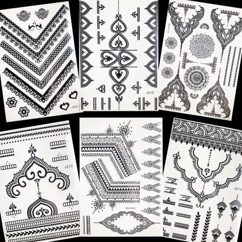 Sexy Charm Chains Tattoo Stickers Black Temporary Love Tatoos Bracelet Lace Henna Flower Water Transfer Tattoo Geometric Paste