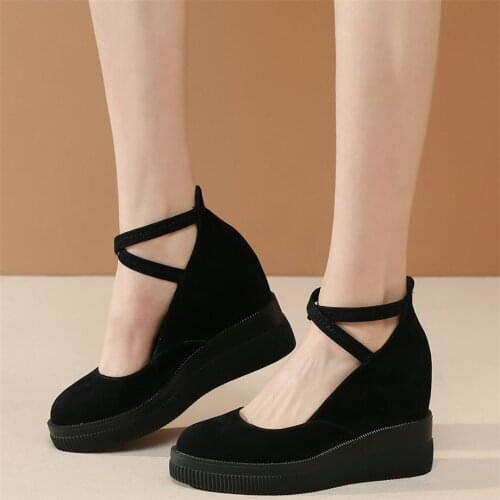 Chunky Platform Mary Jane Shoes Women Genuine Leather High Heel Pumps Shoes Female Ankle Strap Wedges Oxfords Shoes Casual Shoes