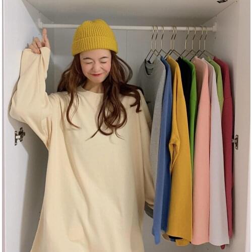 Korean Version 2020 New Loose Medium Length Solid Color Long Sleeve Bottomed T-shirt Women Graphic T Shirts Tops