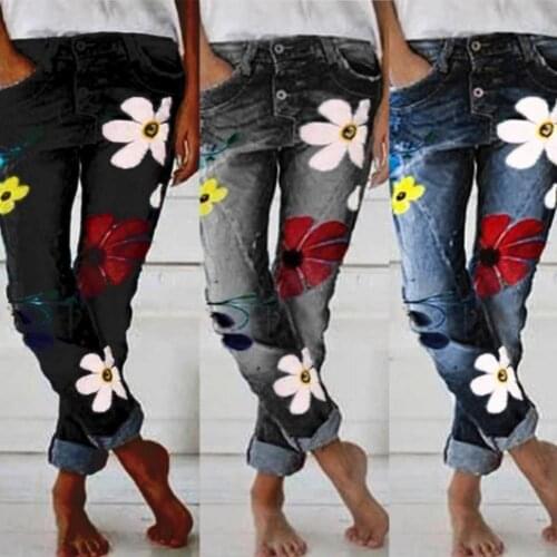 Women Fashion Jeans Flower Studs Middle Waist Stretchy Jeans Denim Casual Trousers Pencil Skinny Pants Casual Trousers Summer