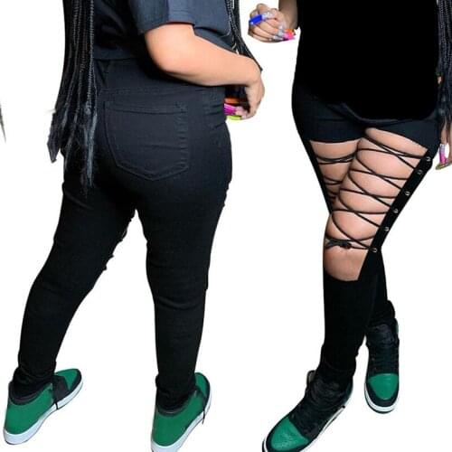 Black Ripped Jeans Women 2021 Summer Hollow Out Criss-Cross Lace Up High Waist Skinny Jeans Lady Sexy Bandage Denim Pencil Pants