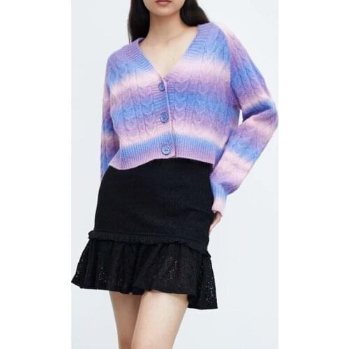 Za cardigan sweater autumn new fashion V-neck tie dyed stripe warm womens sweater cardigan coat casual Street womens cardigan