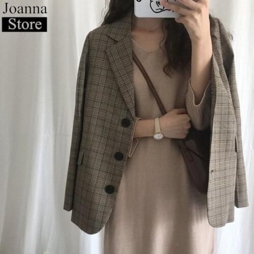 Spring Autumn Women British Style Plaid Blazer Long Sleeve Short Lapel Vintage Jacket Office Ladies Loose Wild Elegant Tide Coat