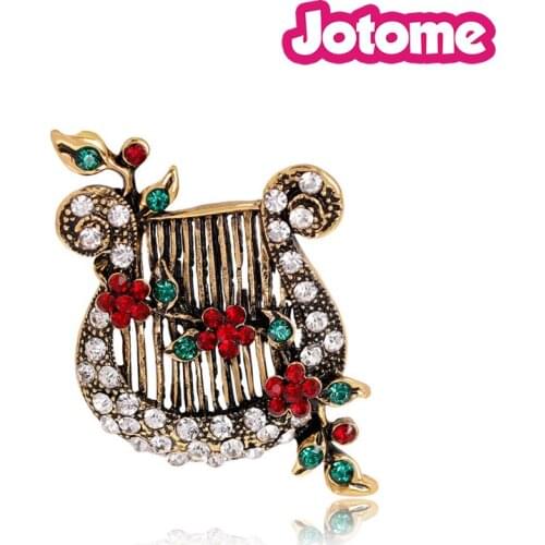 Gold Tone Christmas Xmas Holiday Gifts Harp Zithern with Rose Flower Rhinestone Pin Brooch For women Fashion Jewelry