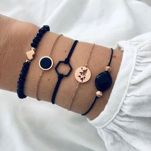 5PCs Gothic Black Stone Map Bracelets Set Bead Hexagon Heart Charm Boho Bangles for Women Wrist Chain Bracelets Fashion Jewelry