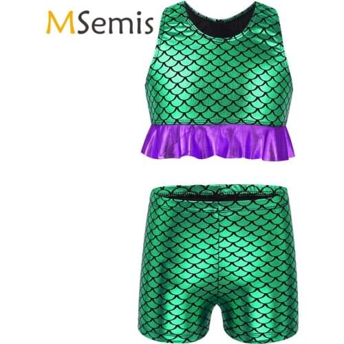 Kids Girls Fish Scales Printed Racer Back Peplum Tops Crop Top with Boy-cut Low Rise Shorts for Gymnastics Dance Performance