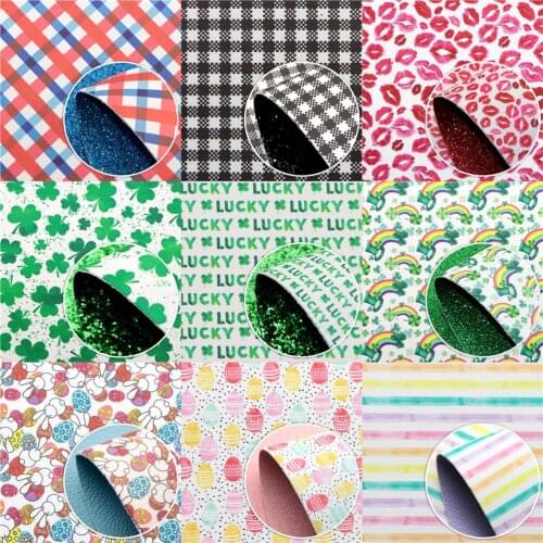 Double Sided Faux Leather Sheets Love Rabbit Plaid Printed Synthetic Leather Fabric for Easter Valentines St. Patricks Day