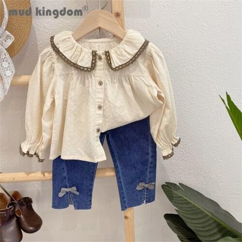 Mudkingdom Girl Shirt Pants Set Fashion Turn-down Collar Long Puff Sleeve Tops Solid Bow Jeans Trousers Girl Autumn Outfits