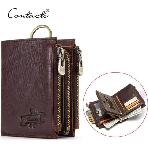 CONTACTS RFID Blocking 100% Genuine Leather Men Wallet Small Coin Purse Zipper Large Capacity Male Clutch Bag Card Holder Walet