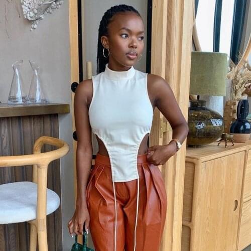 Hirigin Sexy Women Summer Solid Color Tank Tube Tops 2021 Fashion High Collar Sleeveless Lace Up Camisole Slim Base Vest Y2K