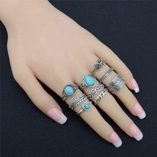 Bohemian Vintage Hollow Heart Twist Carved Pattern Stone Rose Flower Ring Set Women Party Beach Jewelry Wholesale