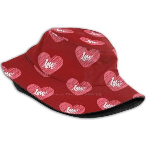 Love And Heart Foldable Panama Bucket Hat Cap White Red Hearts Love Heart Affection Valentines Valentines Day I Love You