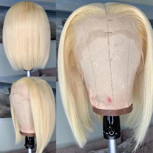 Blonde Full Lace Human Hair WigsMiddle Part Lace Wig Glueless Transparent Lace Blunt Cut Bob Wig