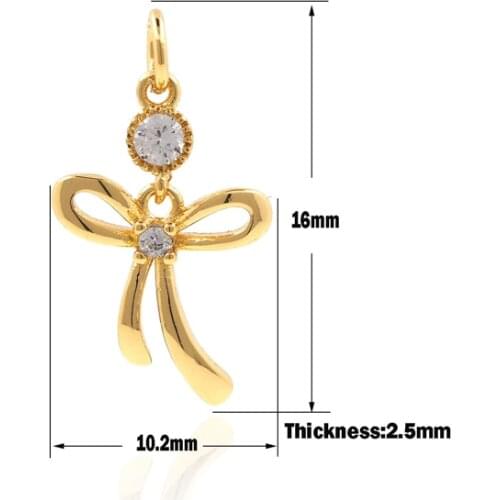 Micropavé Bow Pendant Gold Bow Necklace Cubic Zirconia Insect Pendant Animal Charm DIY Jewelry Making Components 16×10.2×2.5mm