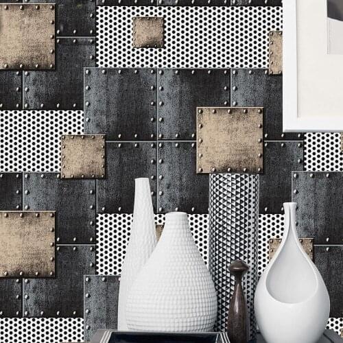Retro loft wallpaper 3d space industrial style metal sheet patch welding wall cover cafe bar studio internet cafe background
