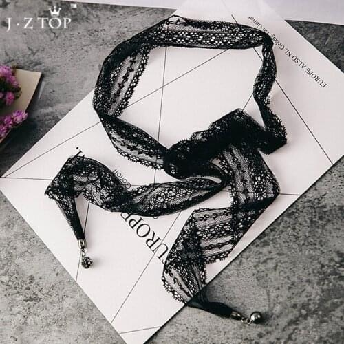Sexy Black Lace Choker Necklace For Women Rhinestone Ball Pendant Long Necklaces Tattoo Choker Sweater Chain Ladies Collier