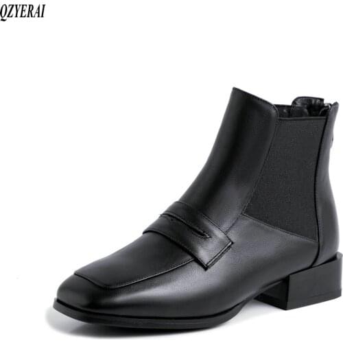QZYERAI New style Genuine leather Chelsea boots Womens boots Autumn and winter Female boots cowhide Womens shoes