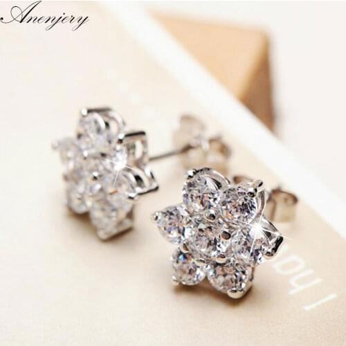 ANENJERY 925 Sterling Silver Zircon Snowflake Flower Stud Earrings For Women brincos Gift Boucle d'oreille oorbellen S-E07