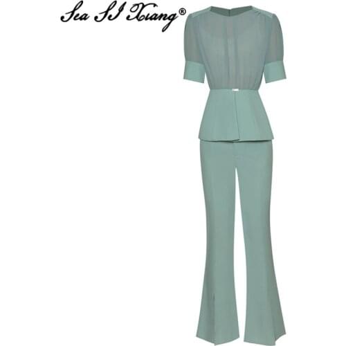 Seasixiang Fashion Designer Summer Suit Women O-Neck Short Sleeve Slim Tops + Flare Pants Solid Two Piece Set