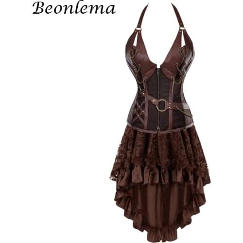 Beonlema Women Corset Dress Faux Leather Corset Top Mesh Tutu Skirt Steampunk Corset Set Black Goth Korse Plus Size S-6XL