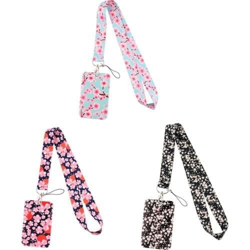 12pcs/lot E3349 Cartoon Cherry Blossoms Lanyard For Keys Phone Strap Neck Strap Keychain Lanyards ID Badge Holder For Flower Fan