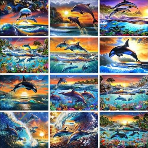 Diy 5d Full Diamond Embroidery Animal Square Round Diamond Interstellar Dolphin Sunset Mosaic Furniture Decoration Hobby Gift