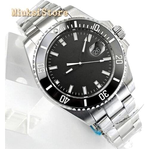 Bliger 43mm Silver Case Sapphire Glass Ceramic Bezel Black Sterile Dial Date Stainless Steel Automatic Watch
