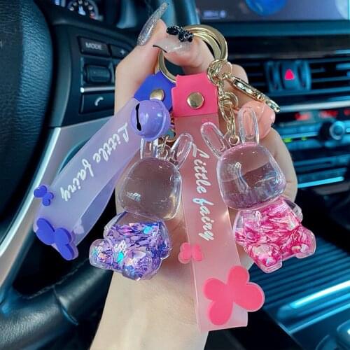 Cartoon Glitter Bunny Acrylic Keyring Liquid Quicksand Heart Keychain Car Backpack Pendant Key Chain Gift for Women Couples