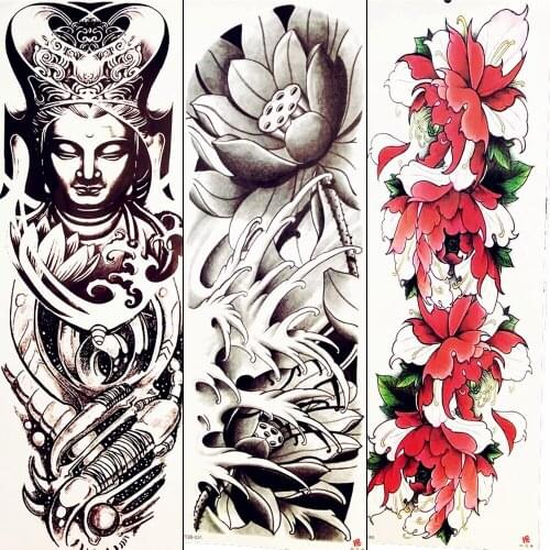 Buddha Temporary Black Drawing Tattoo Flower Supplies Long Body Arm Tatoo Stickers Men Women Girls Legs Tatoos Buddhism Sleeve