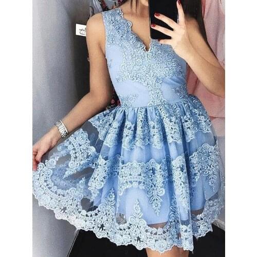Sky Blue Homecoming Dresses A-line V-neck Short Mini Tulle Appliques Backless Elegant Cocktail Dresses