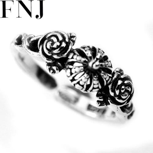FNJ Crown Rose Flower Rings 925 Silver Adjustable Size Open Popular S925 Solid Silver Ring for Men Jewelry Fine Women