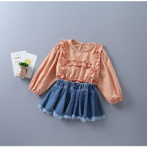 2-7 years high quality girl clothing set 2020 new autumn fashion orange white polka dot shirt + denim skirt kid children clothes