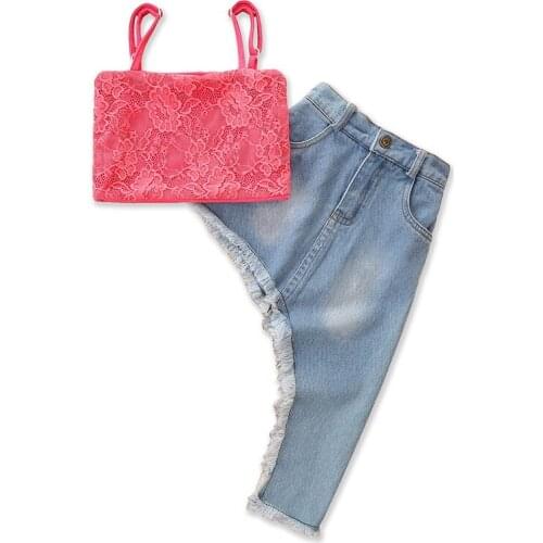 Summer Girl Set Pink Vest + Denim Skirt Suits for Kids