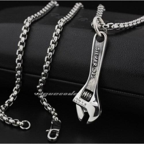LINSION 925 Sterling Silver Delicate Wrench Mens Biker Rock Punk Pendant 8P008